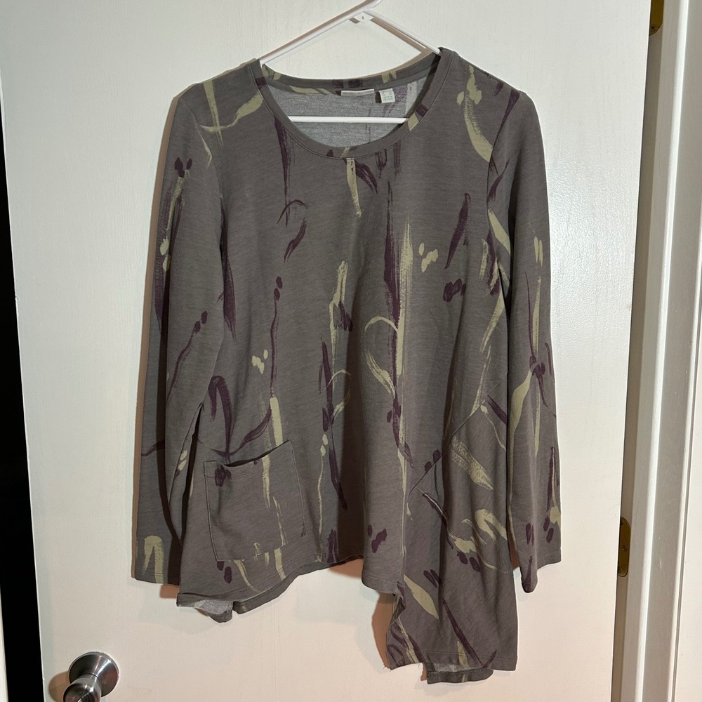 LOGO‎ Lounge by Lori Goldstein Abstract Print Asymmetrical Hem Top Grey Large